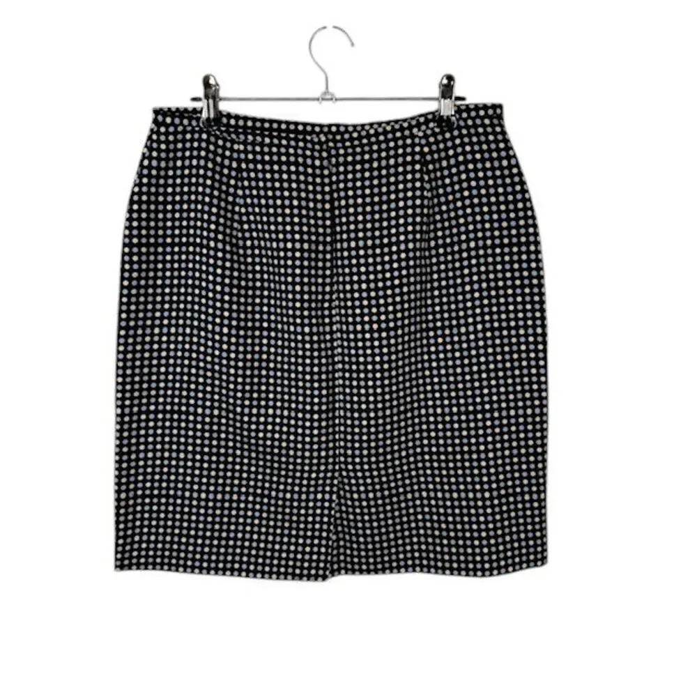 Ann Taylor 100% Silk Pencil Skirt Black with Blue / Cream Polkadots‎ Size 8P